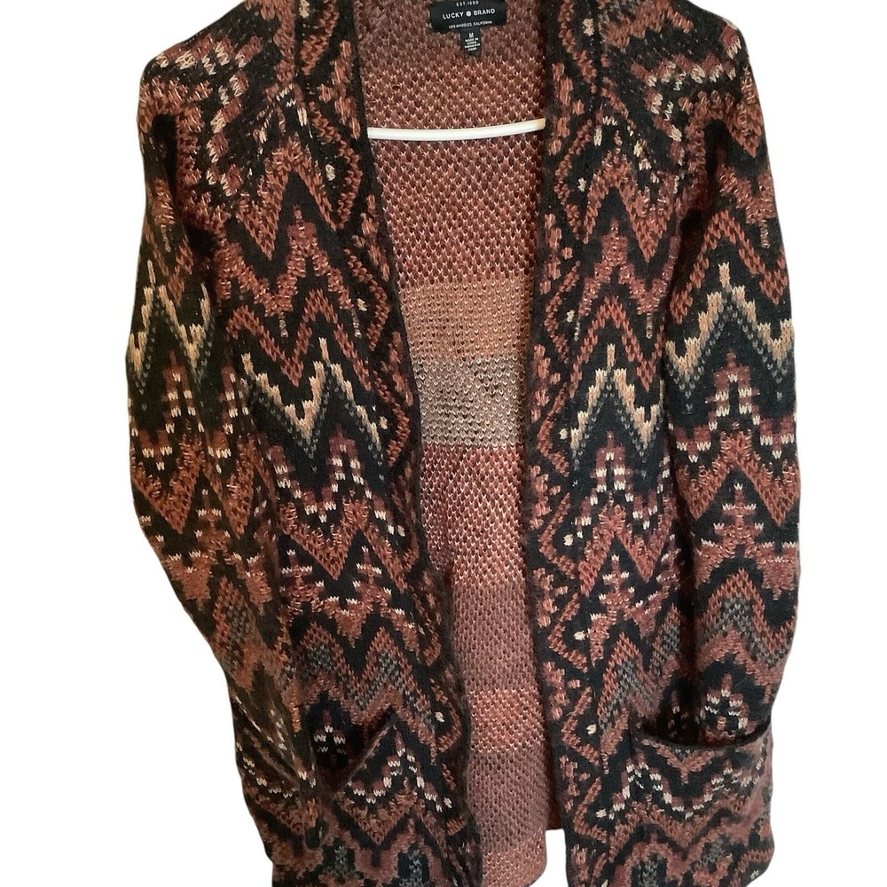 Lucky Brand Cardigan Sweater Medium Southwestern Chevron Open Front Pockets